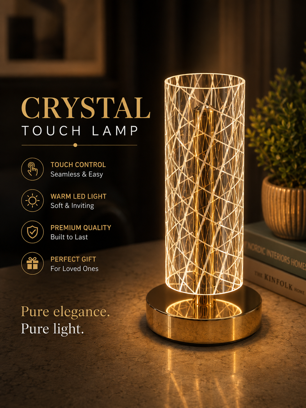 Rechargeable Crystal Touch Table Lamp with Warm LED Light