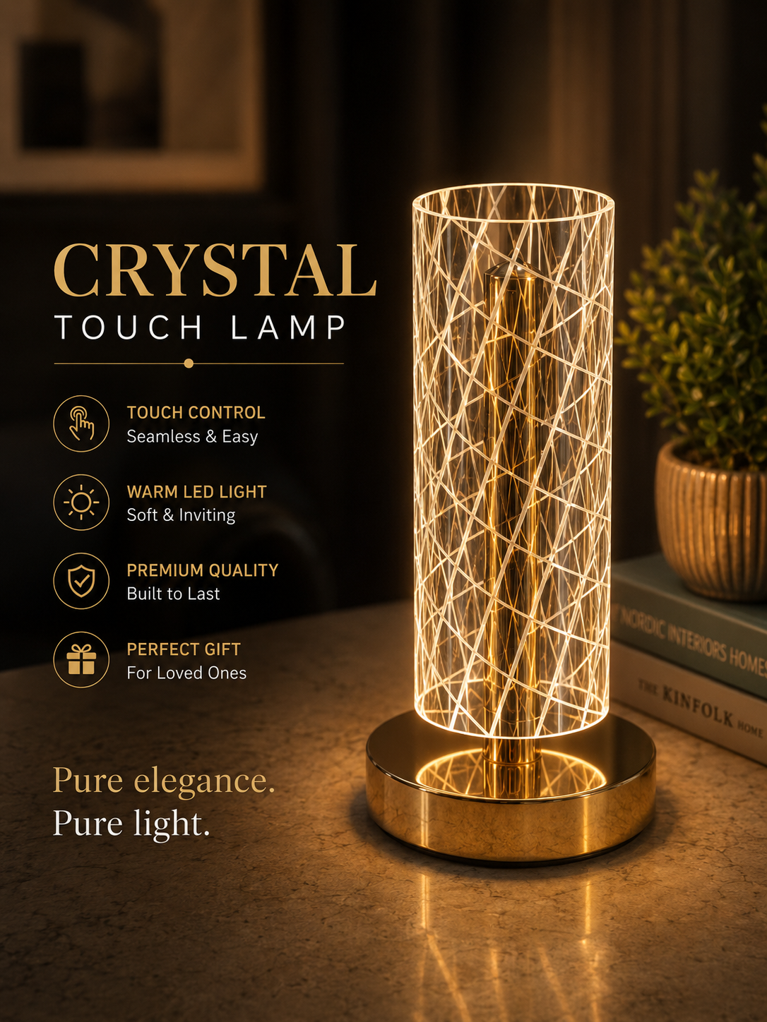 Rechargeable Crystal Touch Table Lamp with Warm LED Light