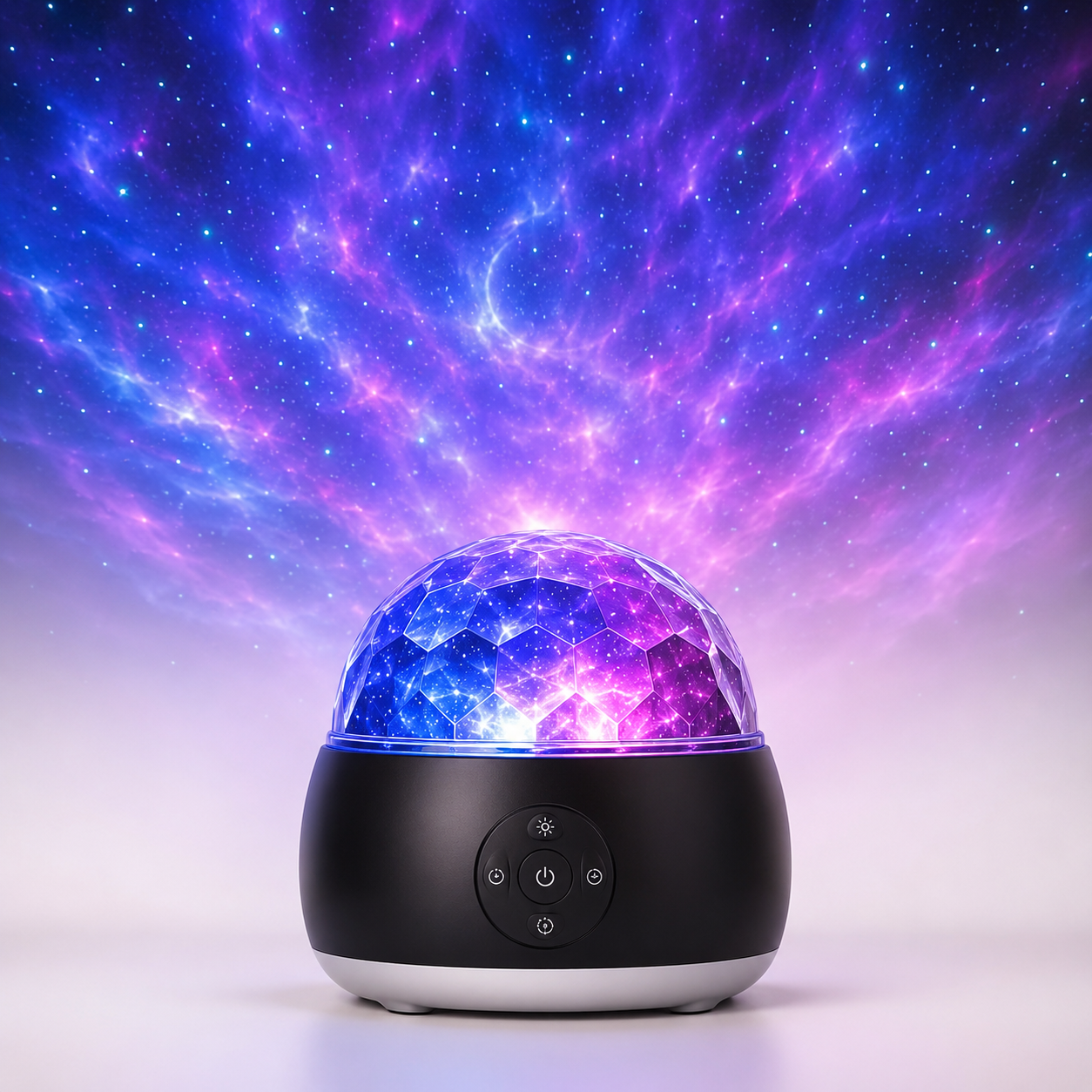 Galaxy projector lamp creating starry night bedroom decor