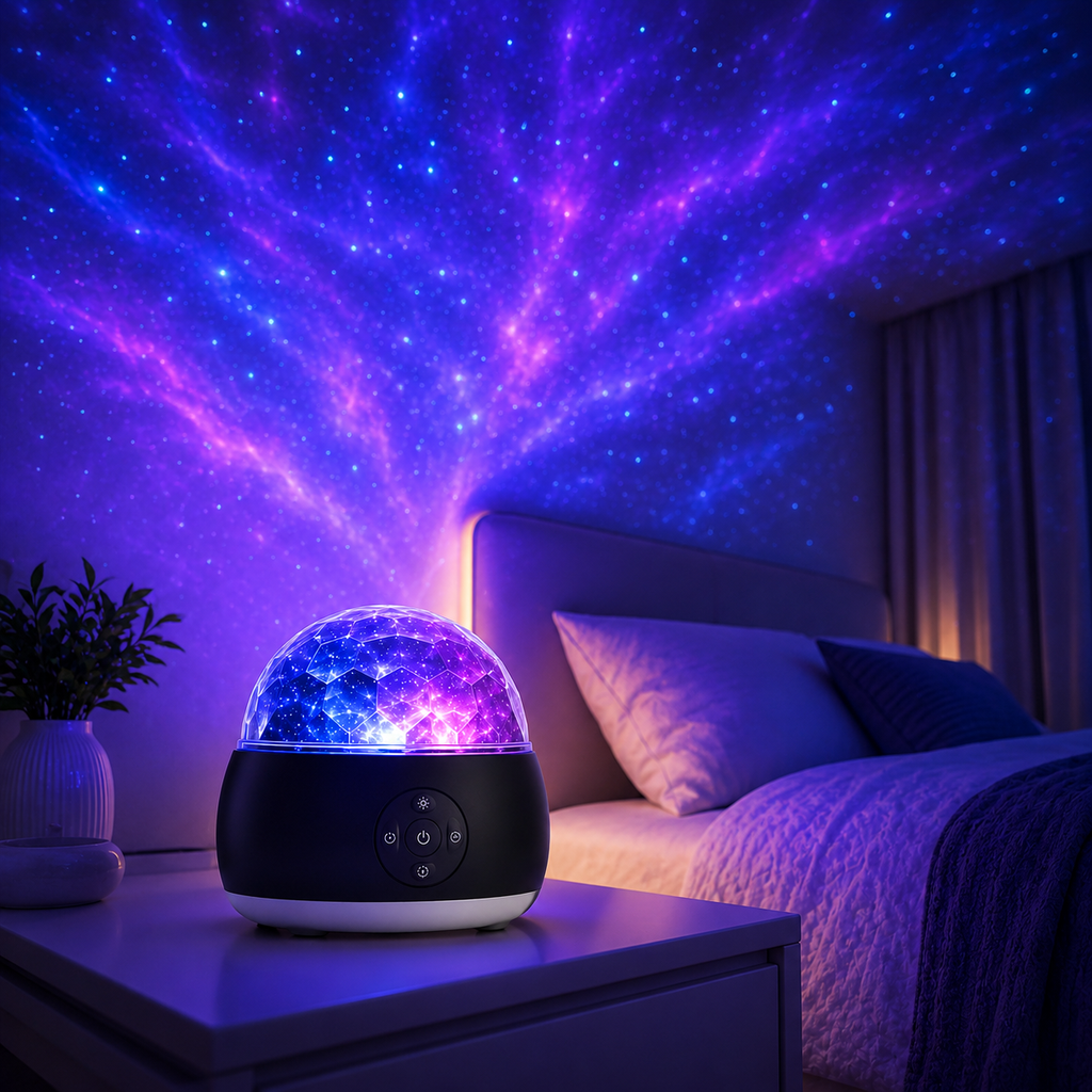Galaxy projector lamp creating starry night bedroom decor