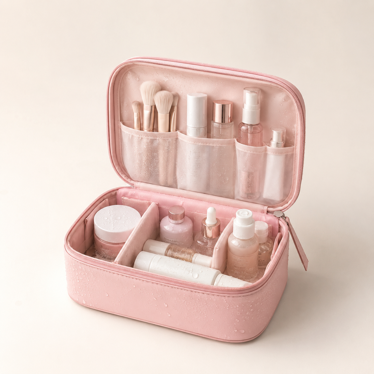 Pink cosmetic travel organizer with compartments for makeup and skincare