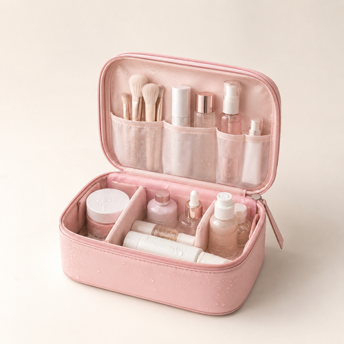 Pink cosmetic travel organizer with compartments for makeup and skincare