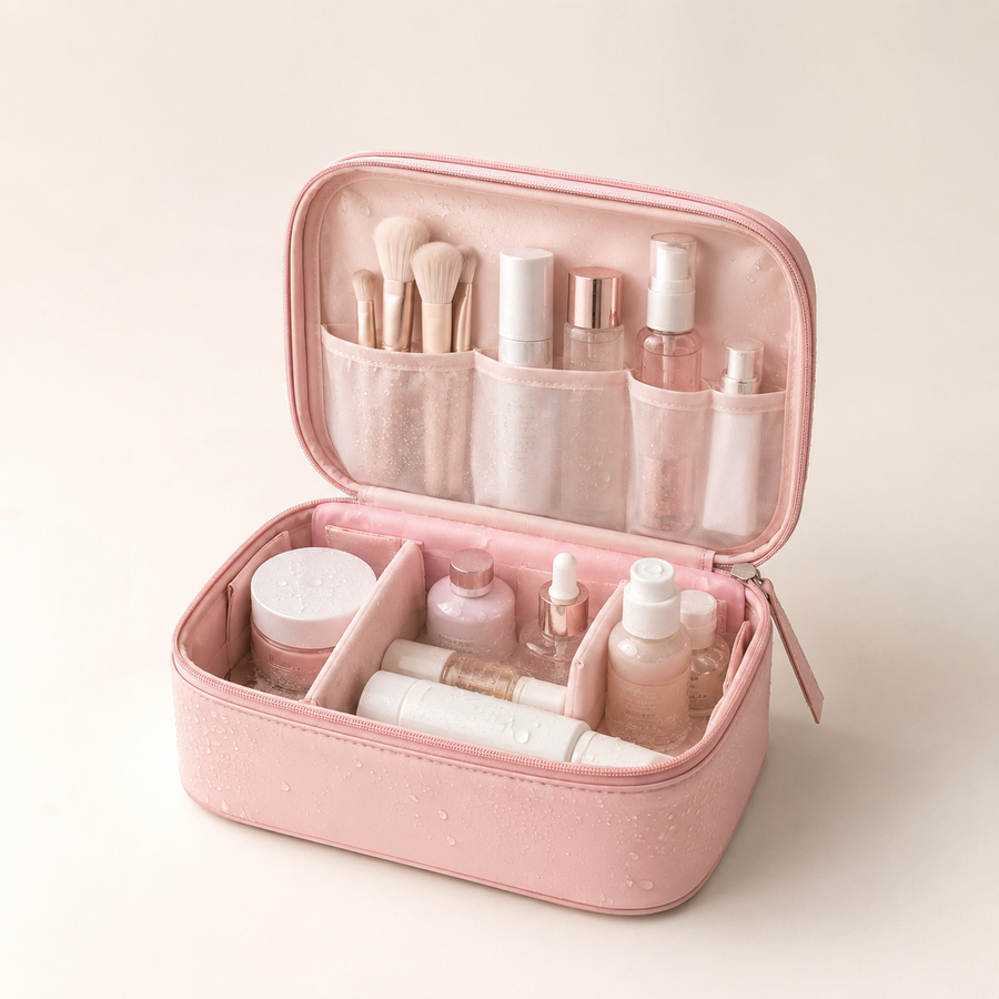 Pink cosmetic travel organizer with compartments for makeup and skincare