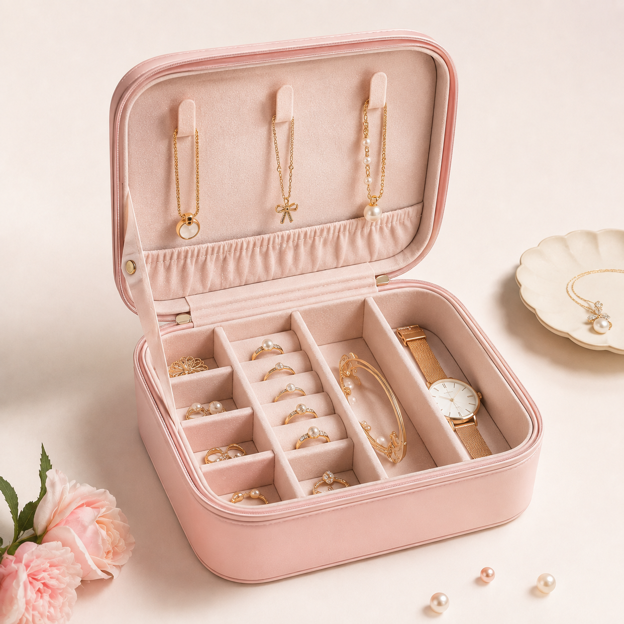 Pink travel jewellery organizer box with divided compartments
