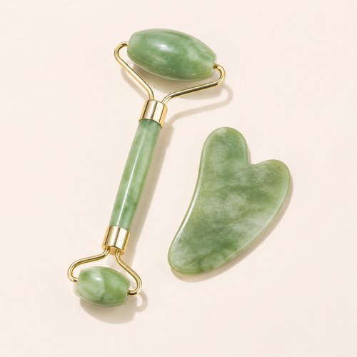 Green facial roller and gua sha skincare tool set